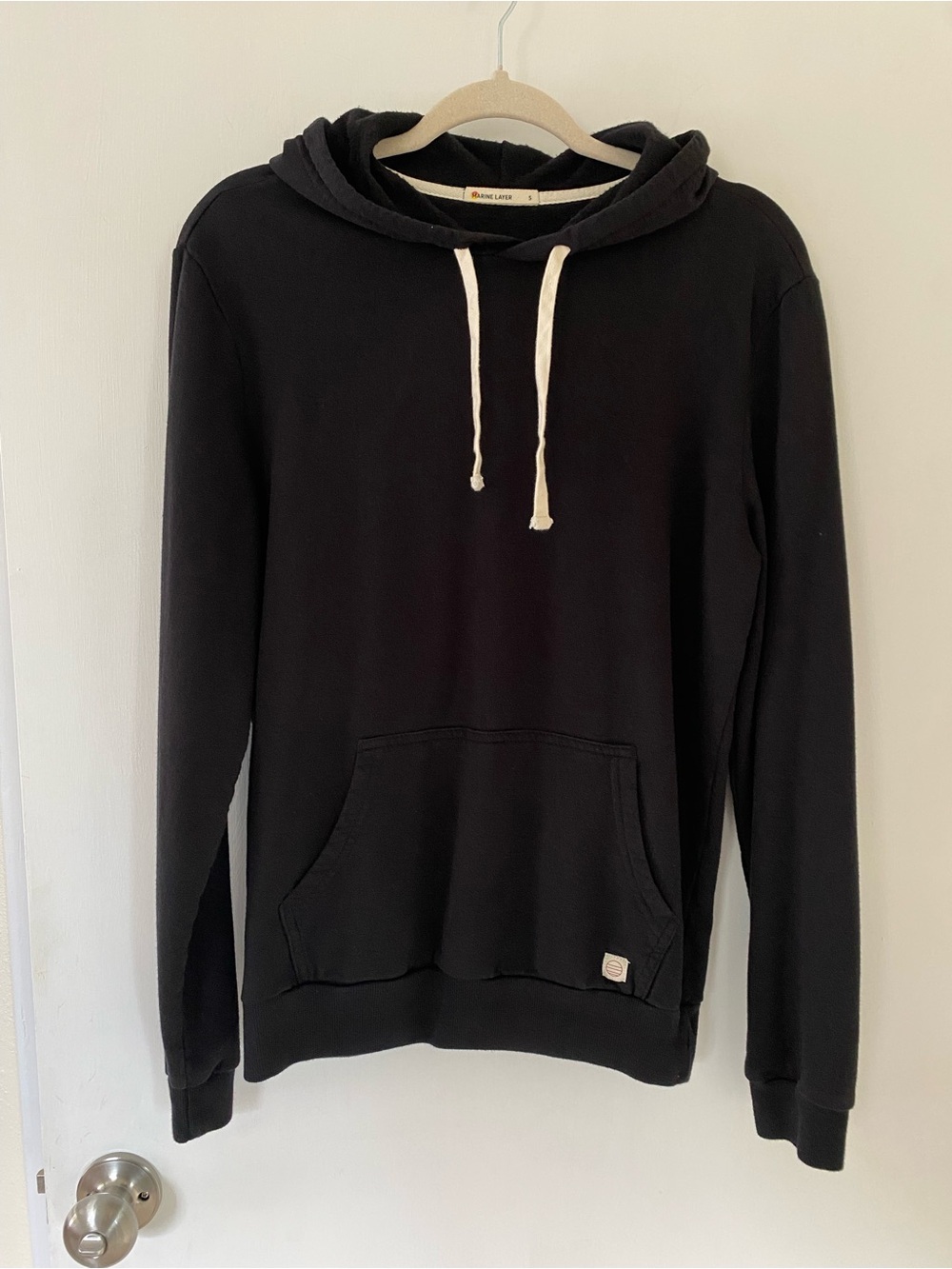 Marine Layer Black Pullover Hoodie Sweatshirt with White Drawstrings Small